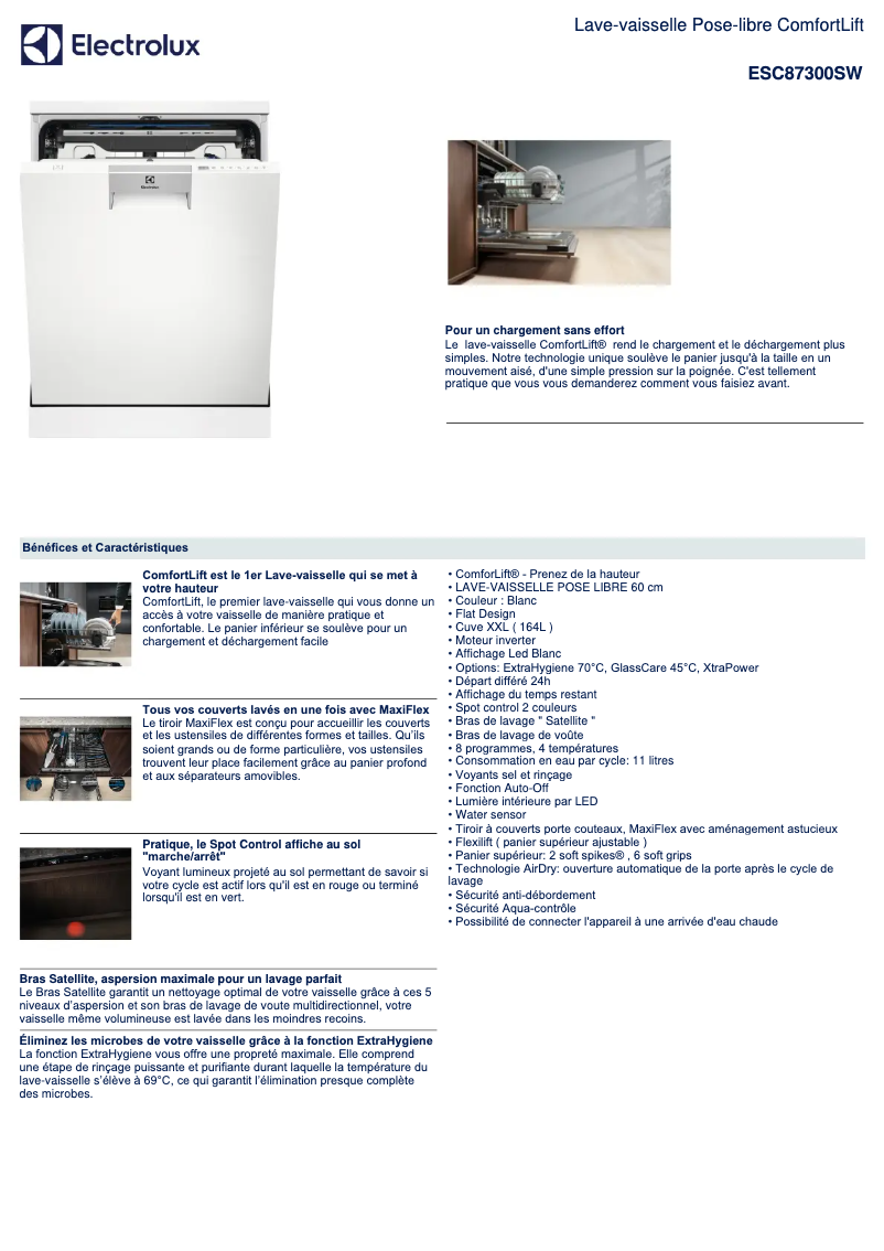 Page 1 de la notice Fiche technique Electrolux ESC87300SW