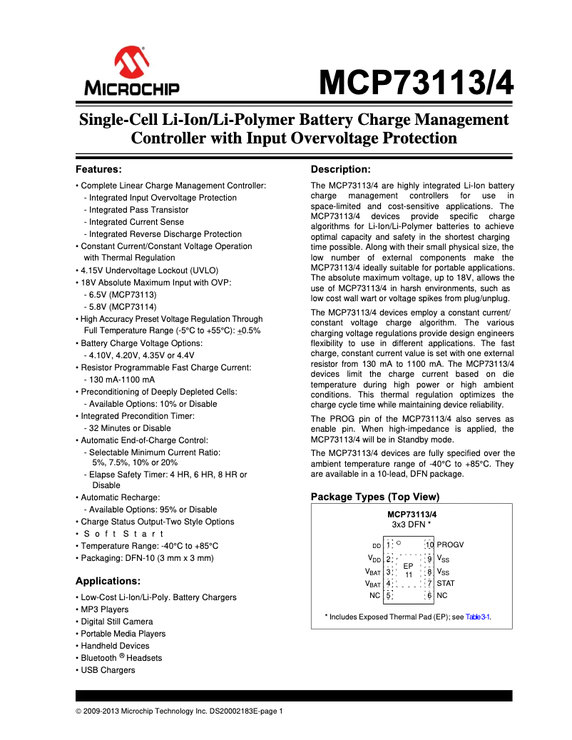 Page 1 de la notice Fiche technique Microchip MCP73114