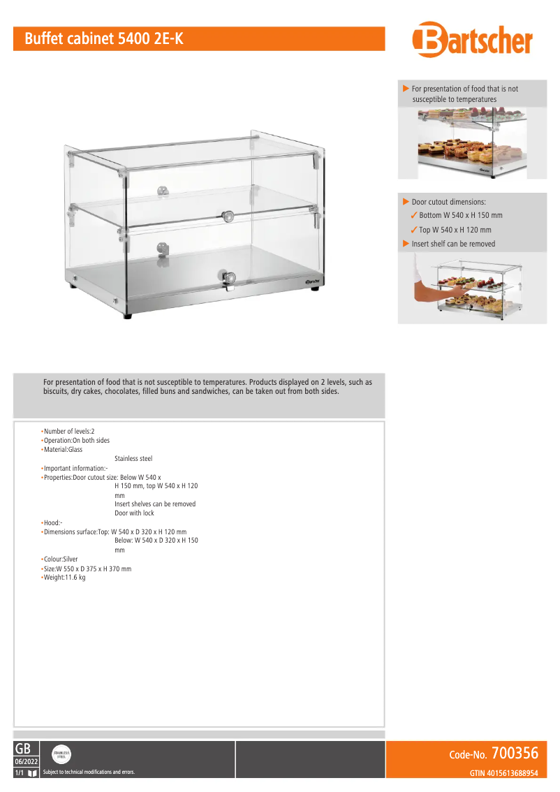 Page 1 de la notice Fiche technique Bartscher 5400 2E-K