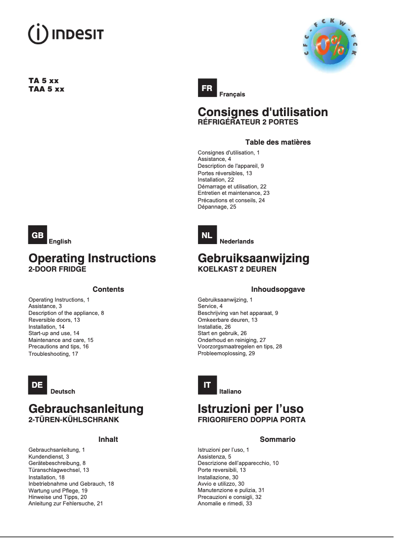 Page 1 de la notice Manuel utilisateur Indesit TAA 5 1