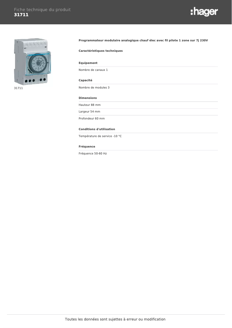 Página 1 del manual Ficha técnica Hager 31711