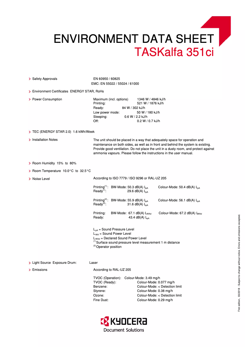 Page 1 de la notice Fiche technique Kyocera TASKalfa 351CI