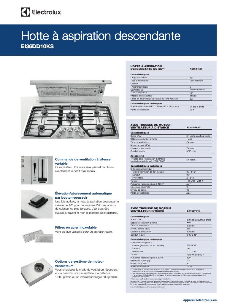 Page 1 de la notice Fiche technique Electrolux E36DD75ESS