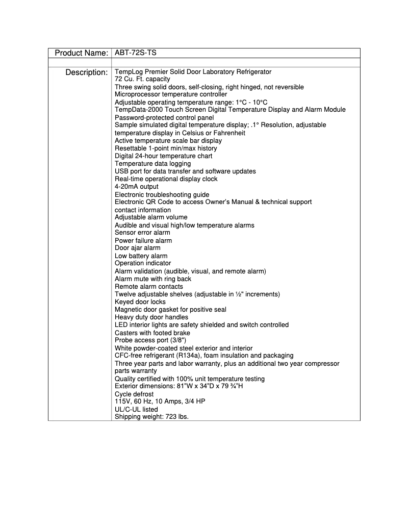 Page 1 de la notice Manuel utilisateur American BioTech Supply ABT-72S-TS