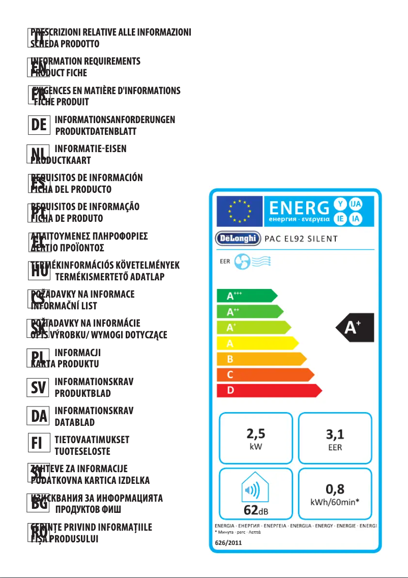 Page 1 de la notice Fiche technique DeLonghi Pinguino PAC EL92 Silent