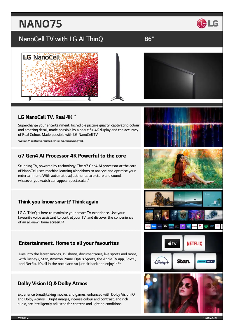 Page 1 de la notice Fiche technique LG 86NANO75TPA