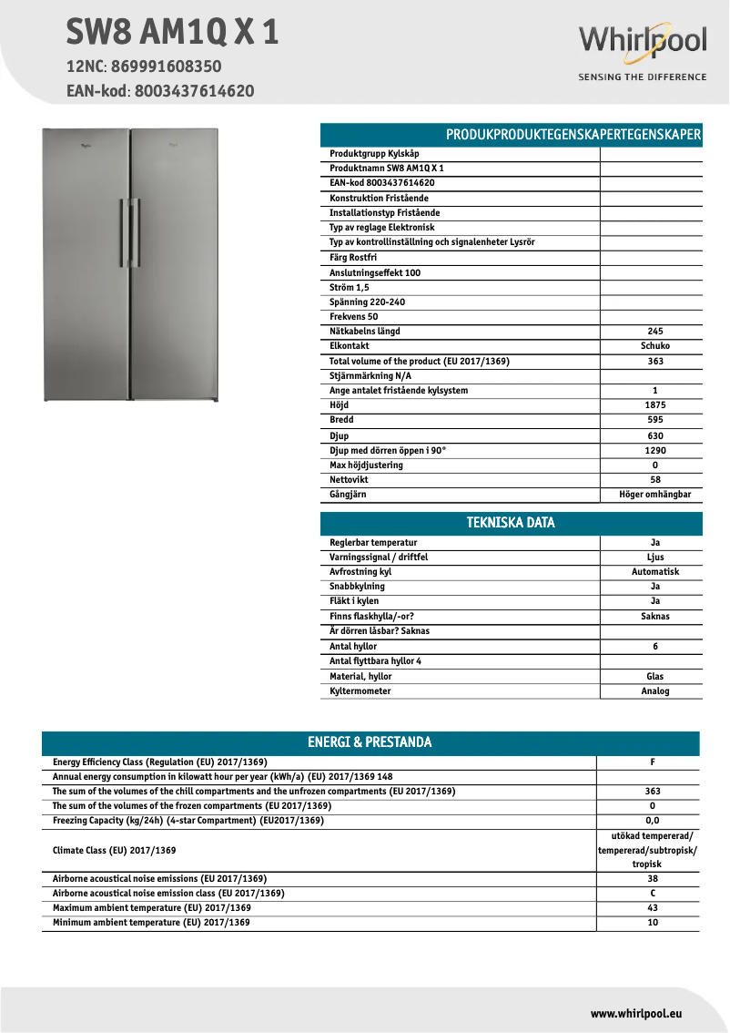 Page 1 de la notice Fiche technique Whirlpool SW8 AM1Q X 1