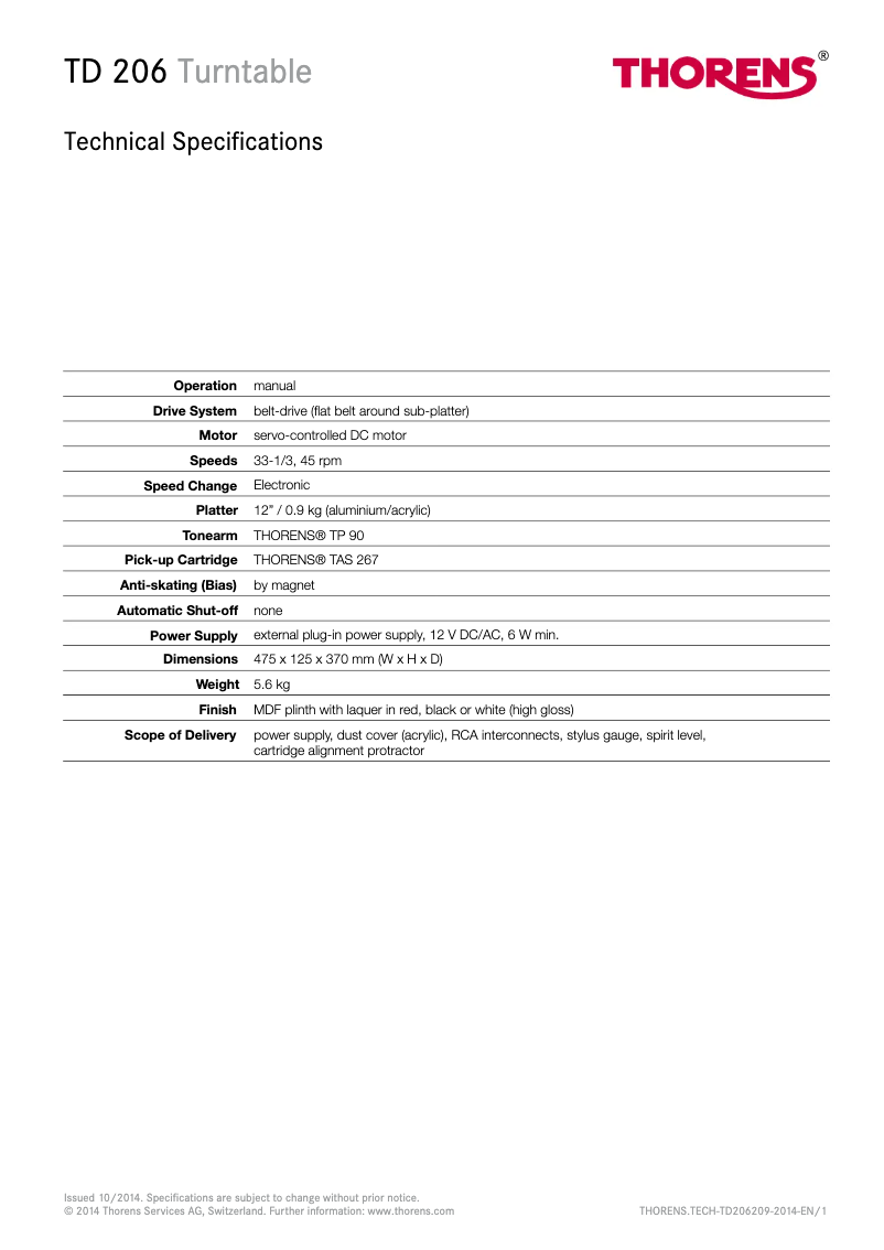 Page 1 de la notice Fiche technique Thorens TD 206
