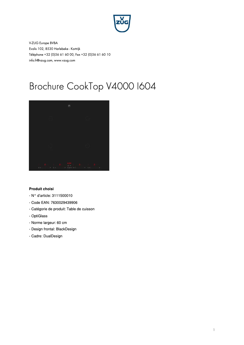 Page 1 de la notice Brochure V-Zug CookTop V4000 I604