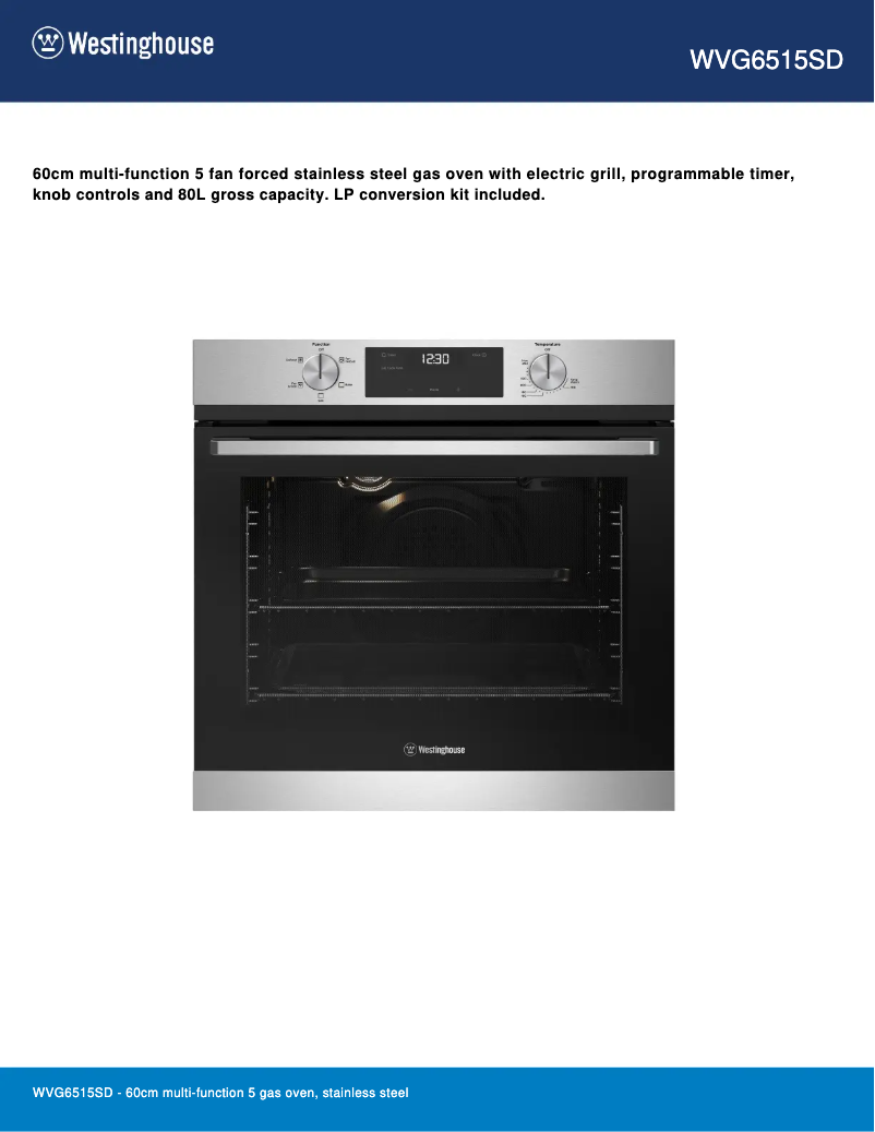 Page 1 de la notice Fiche technique Westinghouse WVG6515SD