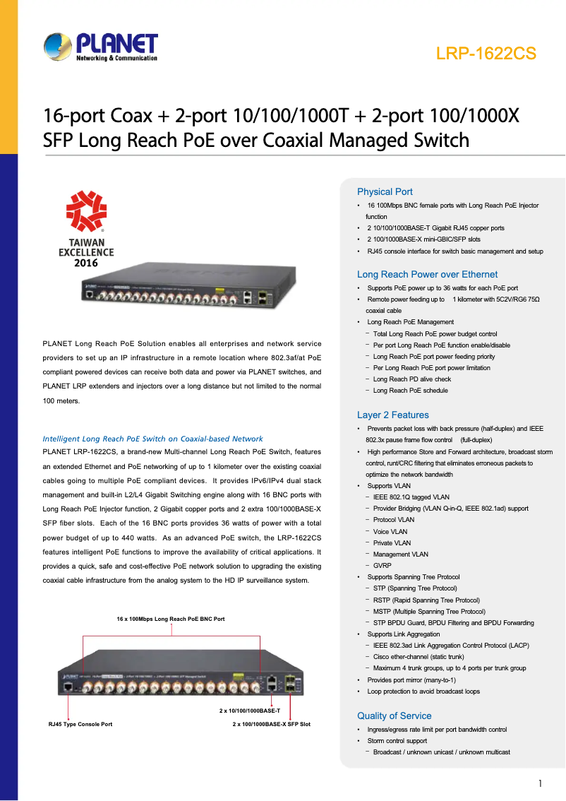 Page 1 de la notice Fiche technique Planet LRP-1622CS