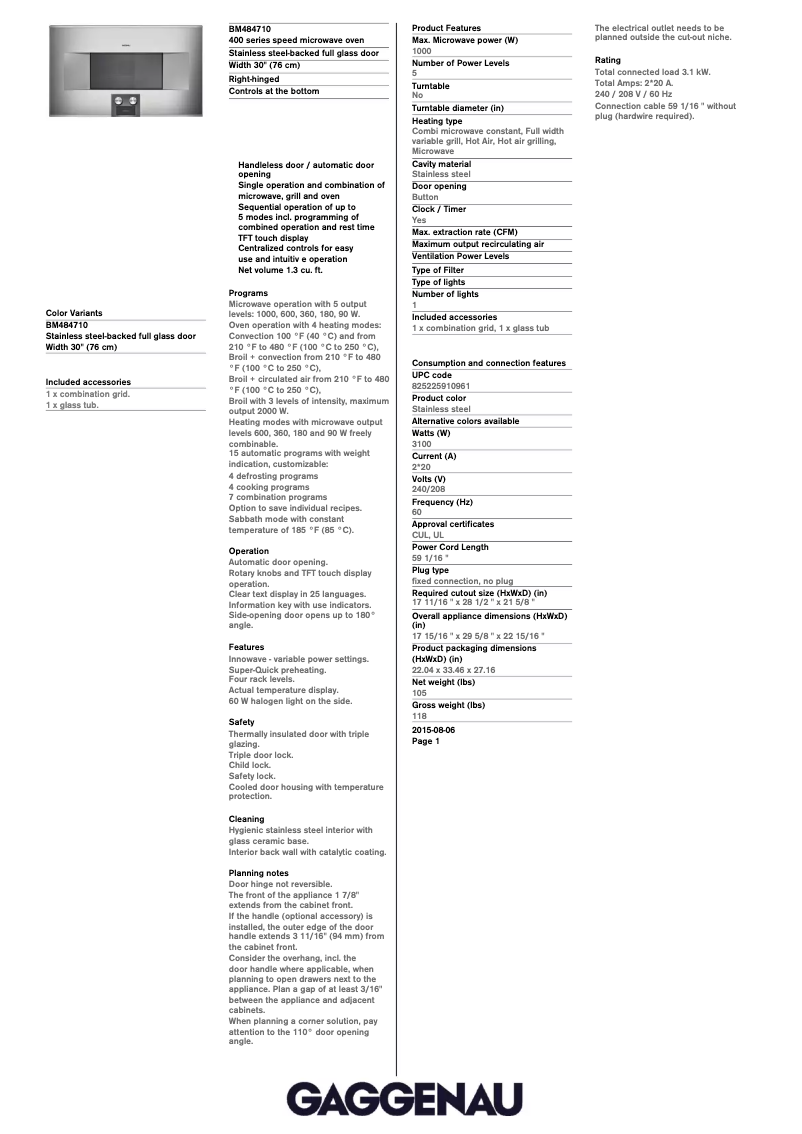 Page 1 de la notice Fiche technique Gaggenau BM485710
