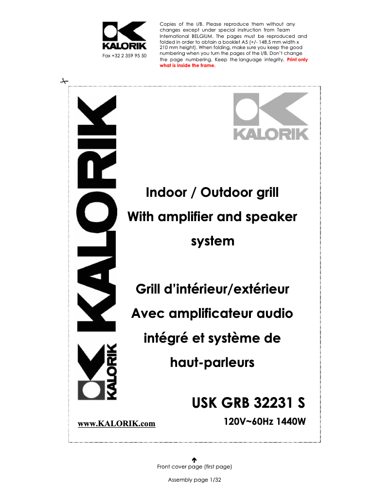 Page 1 de la notice Manuel utilisateur Kalorik GRB-32231-S