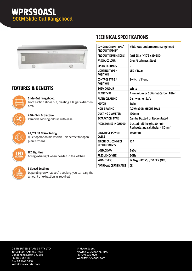 Page 1 de la notice Fiche technique Tisira WPRS90ASL