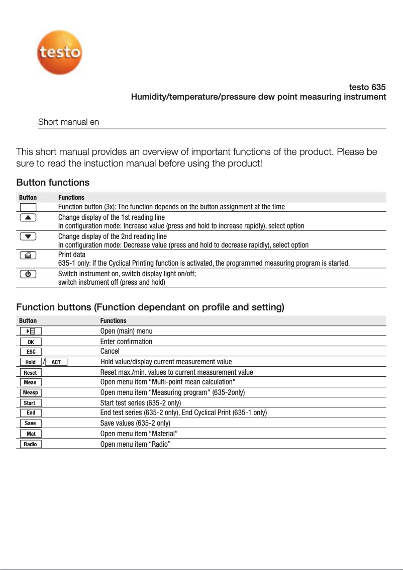 Page 1 de la notice Guide de démarrage rapide Testo 635-2