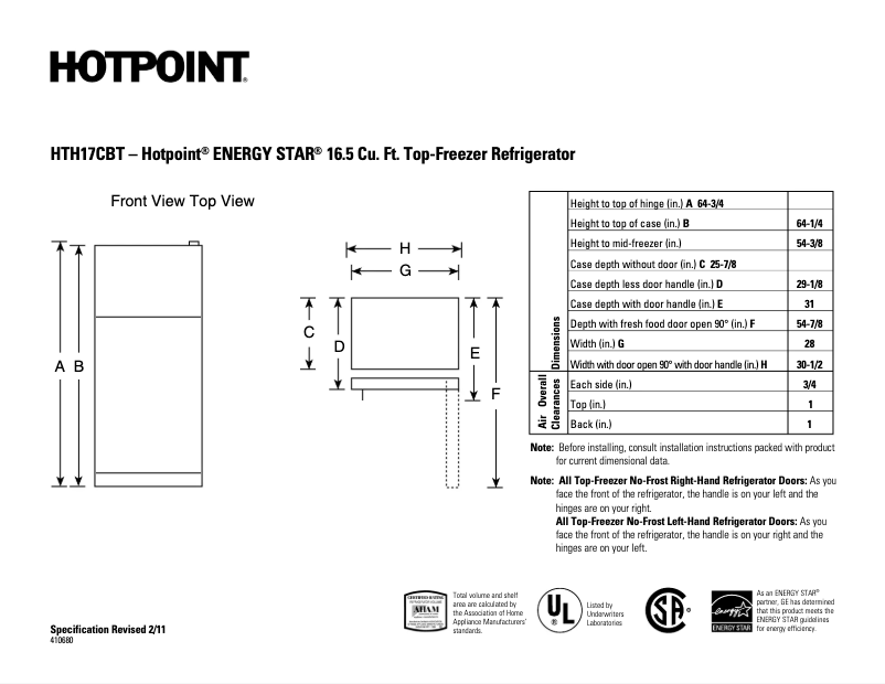 Page 1 de la notice Fiche technique Hotpoint HTH17CBTBB