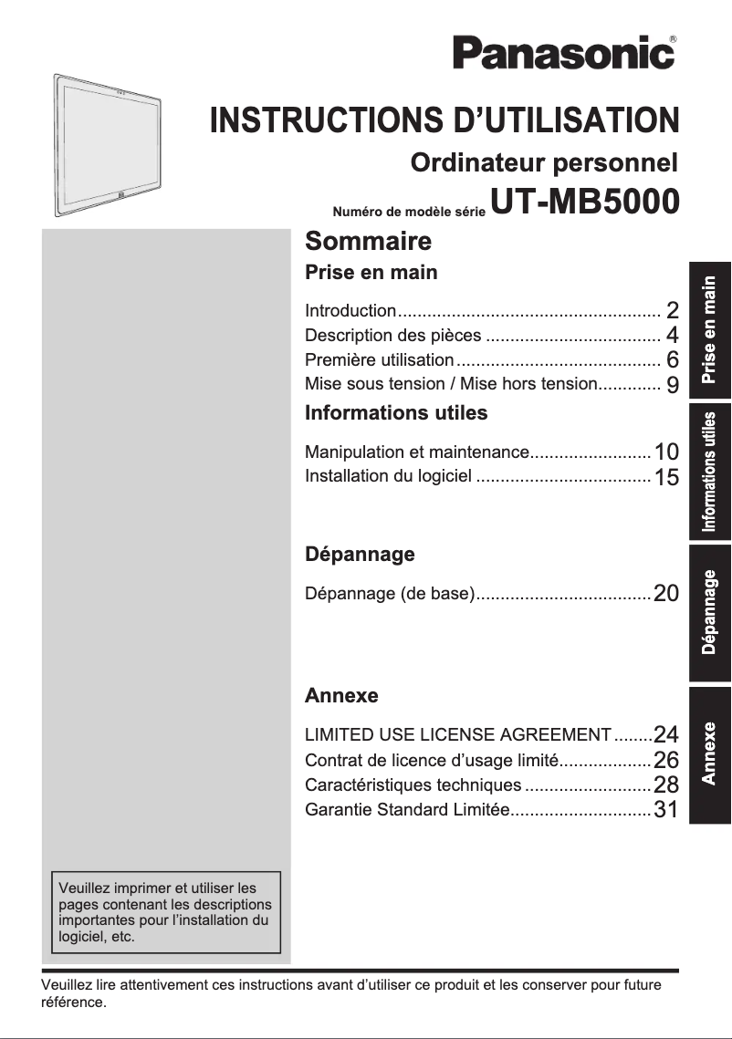 Page 1 de la notice Manuel utilisateur Panasonic UT-MB5