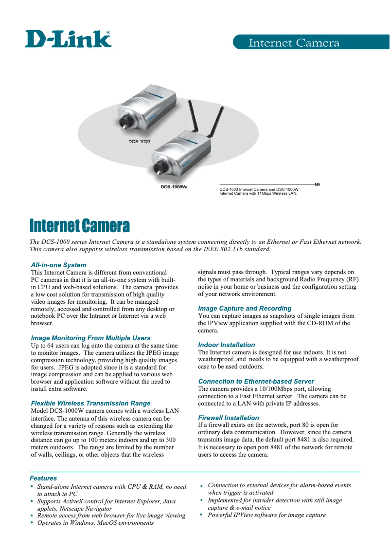 Page 1 de la notice Fiche technique D-Link DCS-1000
