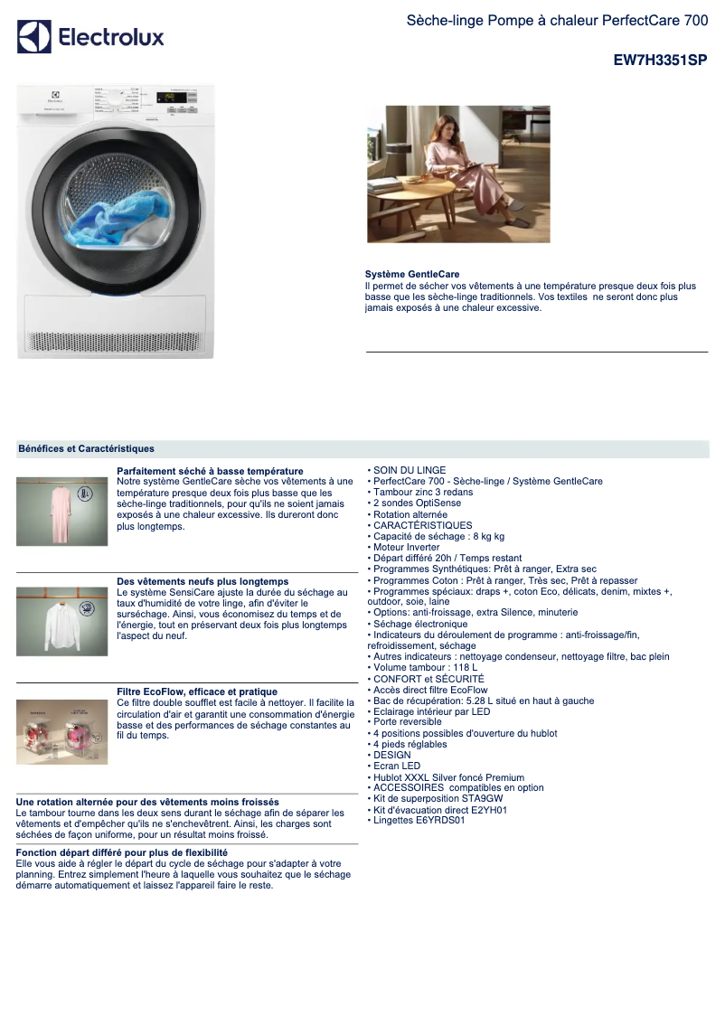 Page 1 de la notice Fiche technique Electrolux EW7H3351SP
