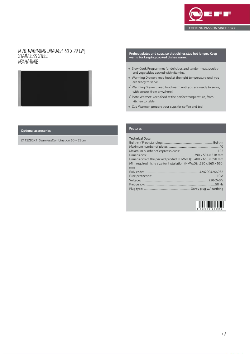 Page n°1 - Fiche technique Neff N34HA11N1B