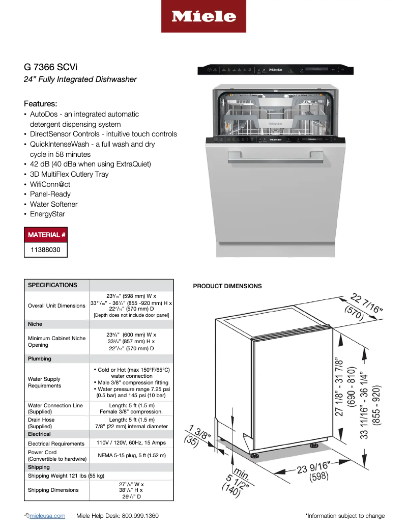Page 1 de la notice Fiche technique Miele G 7366 SCVi