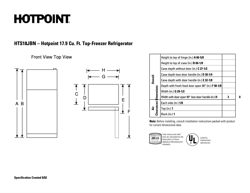 Page 1 de la notice Fiche technique Hotpoint HTS18JBNCC