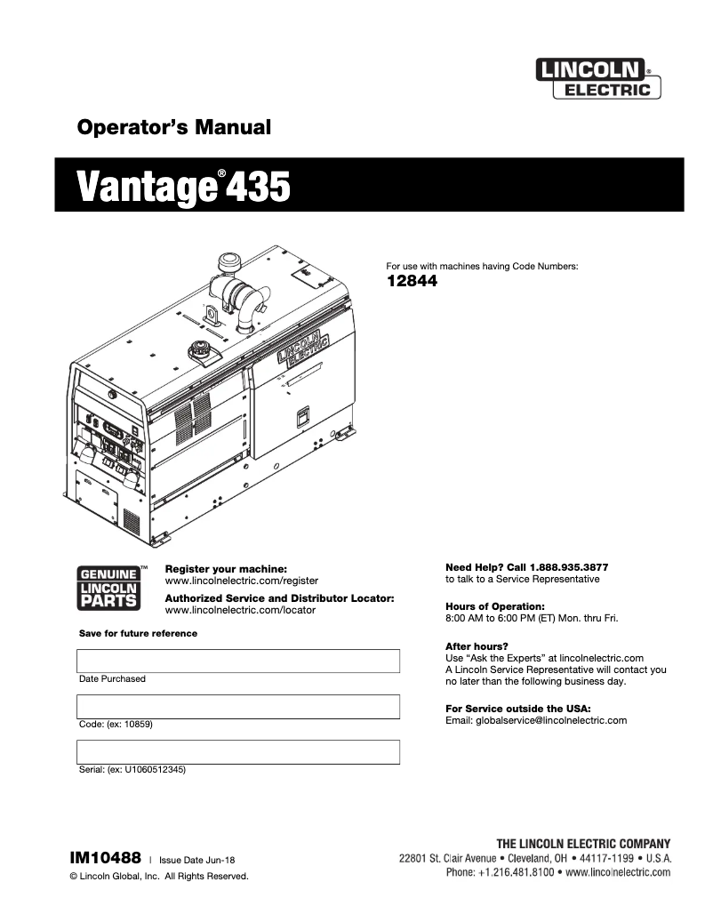 Página 1 del manual Manual de usuario Lincoln Electric Vantage 435
