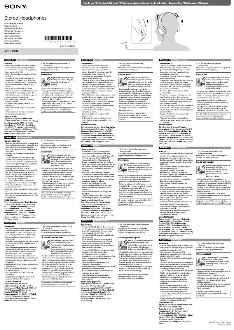 Page 1 de la notice Manuel utilisateur Sony MDR-XB800