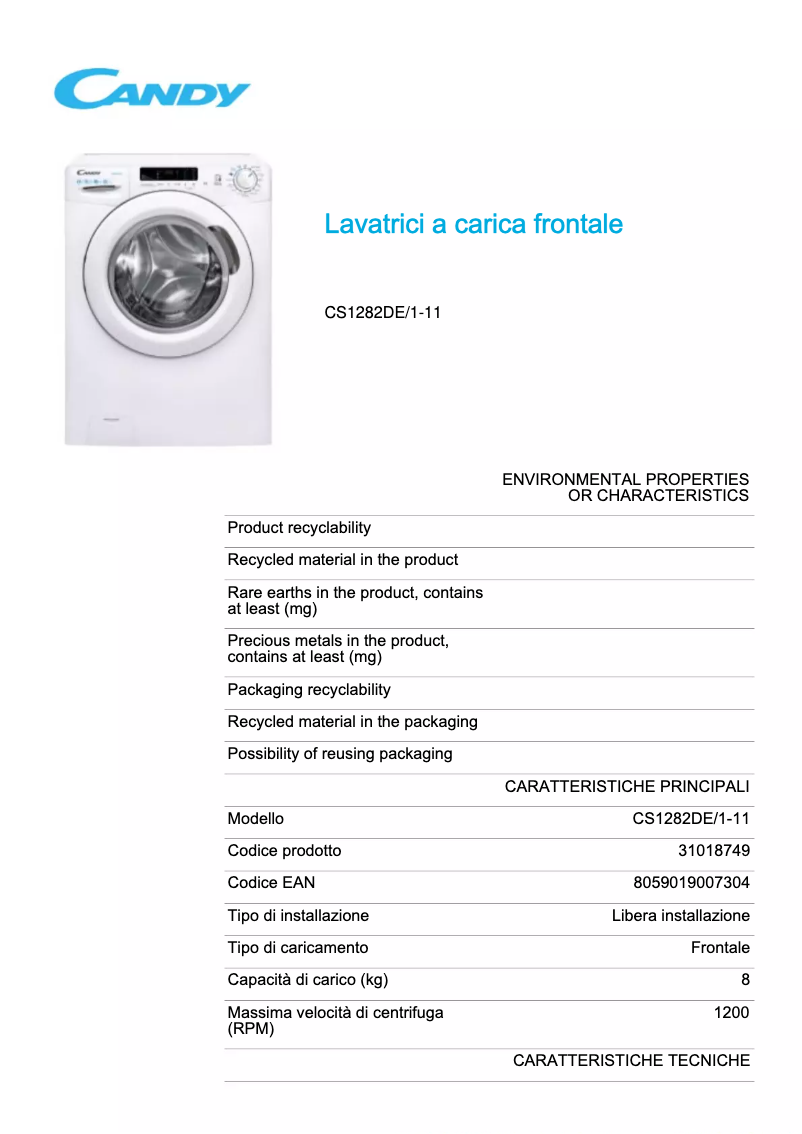 Page 1 de la notice Fiche technique Candy CS1282DE/1-11