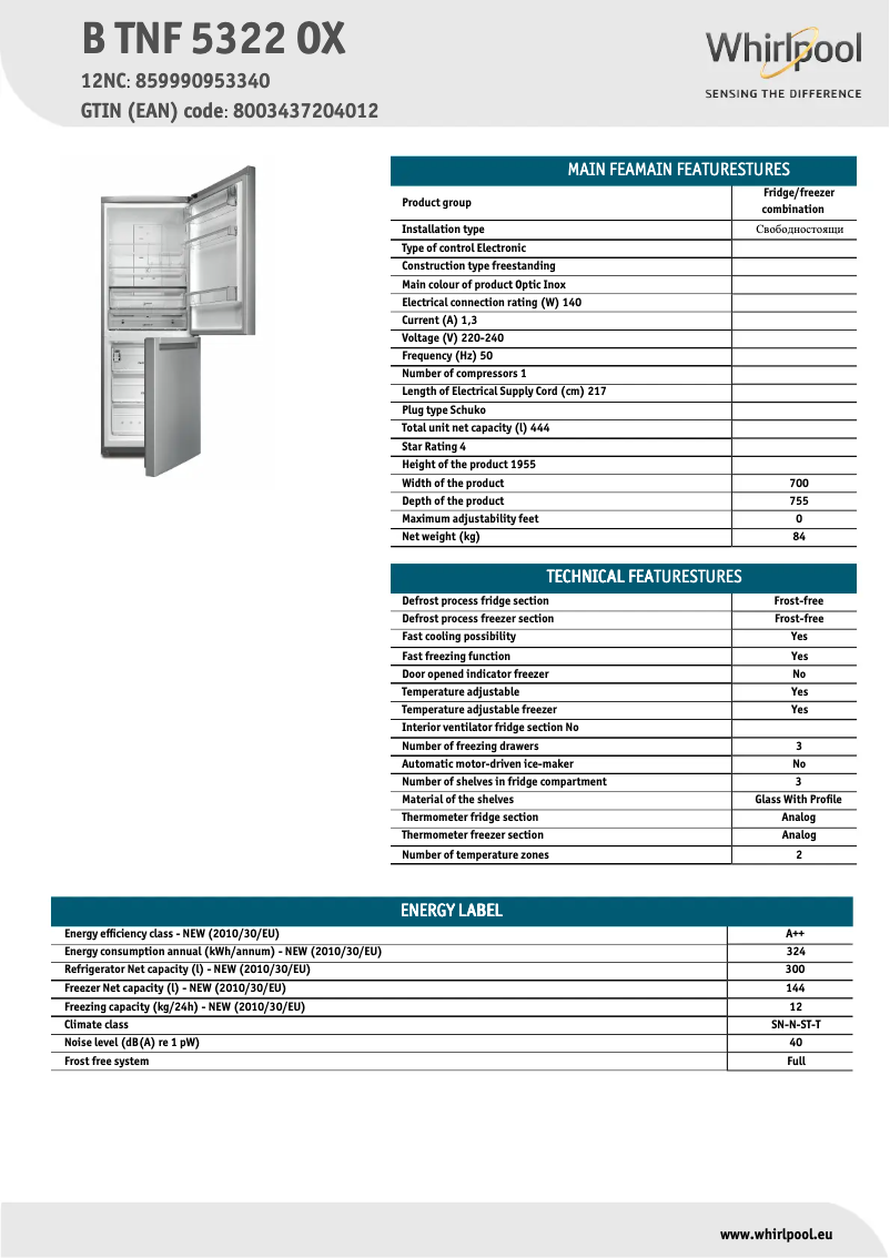 Page 1 de la notice Fiche technique Whirlpool B TNF 5322 OX