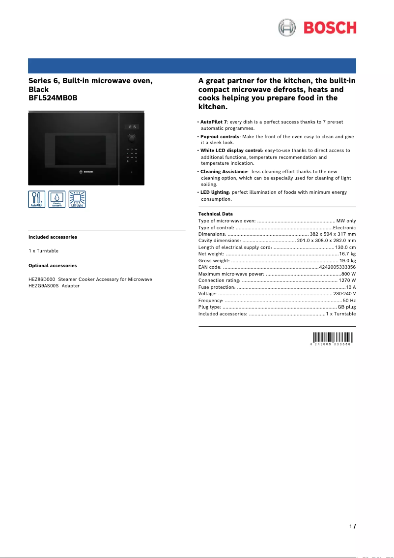 Page 1 de la notice Fiche technique Bosch BFL524MB0B