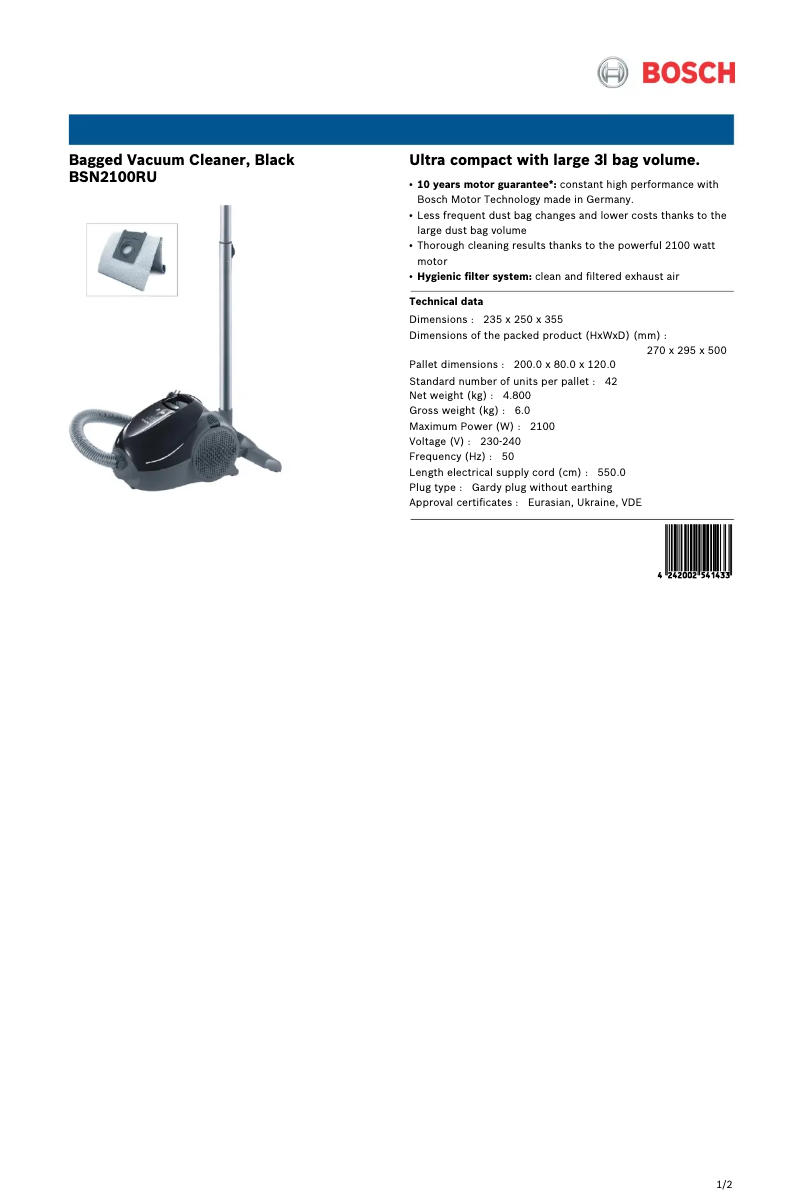 Page n°1 - Fiche technique Bosch BSN2100RU