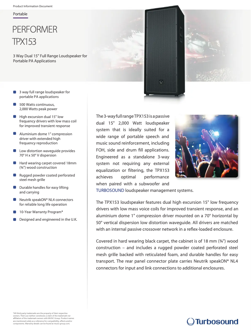 Página 1 del manual Ficha técnica Turbosound Performer TPX153