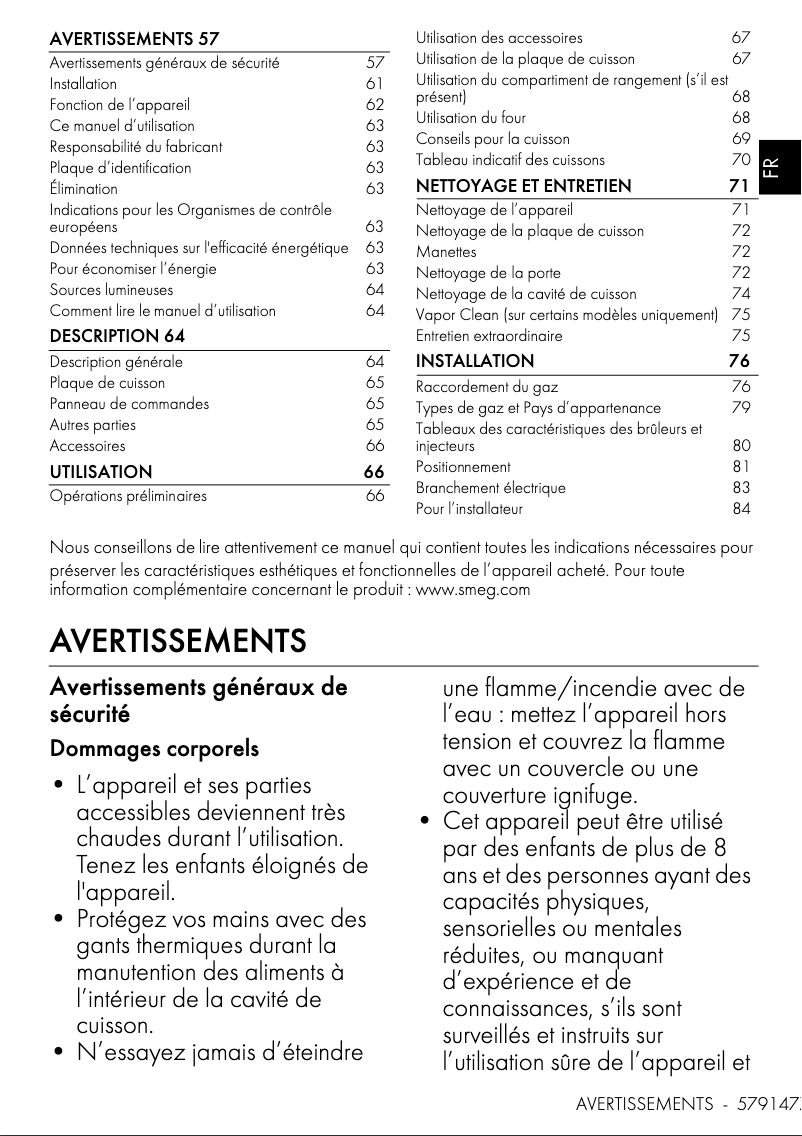 Page 1 de la notice Fiche technique Smeg SX91GM