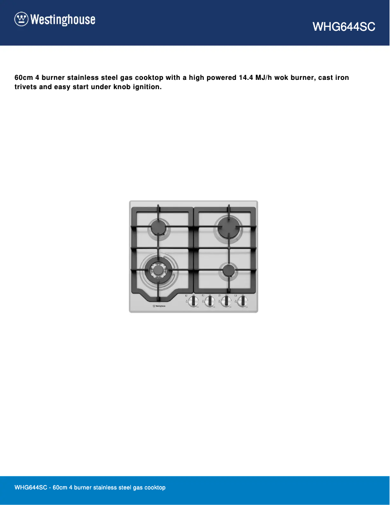 Page 1 de la notice Fiche technique Westinghouse WHG644SC