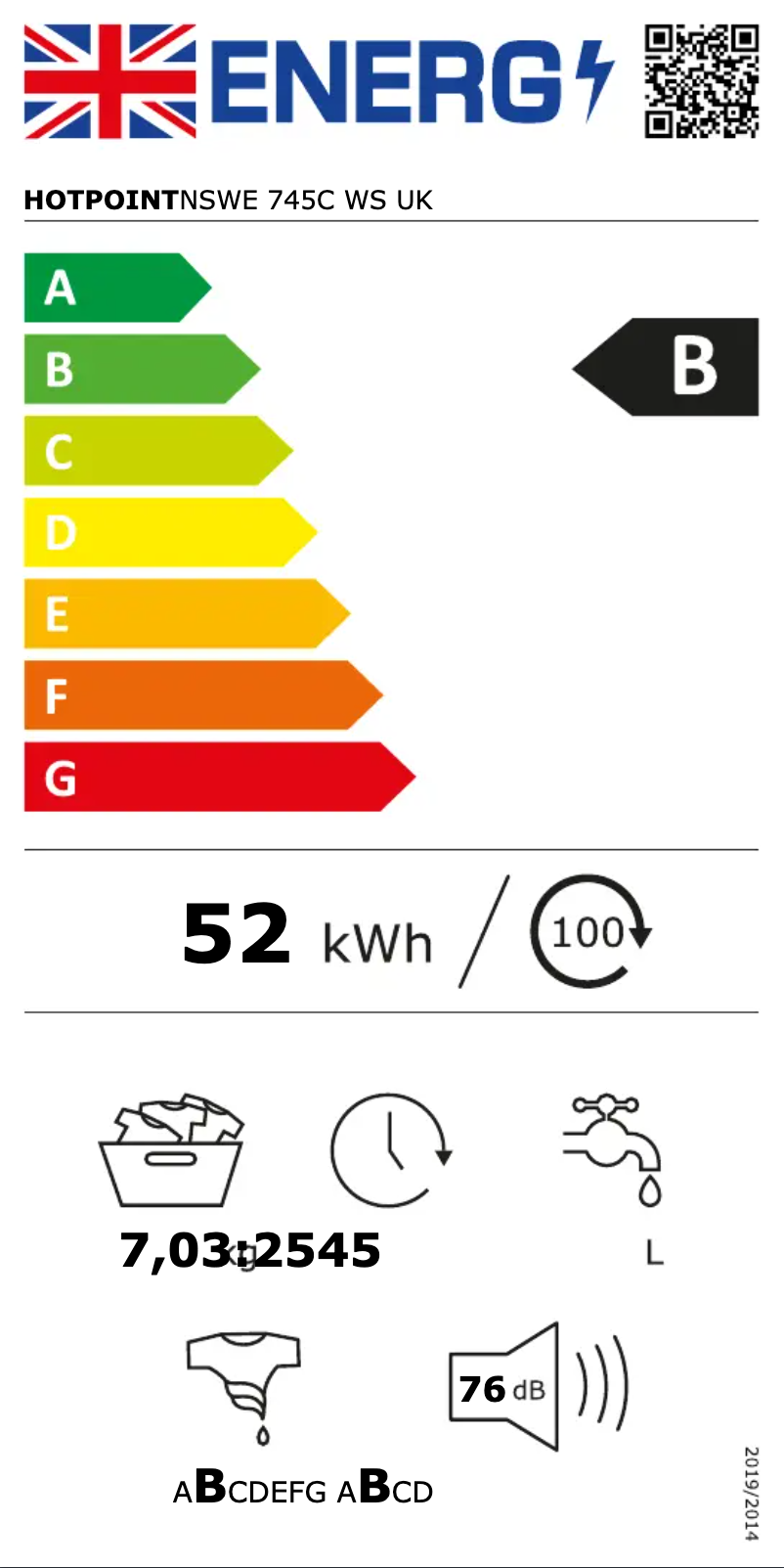 Page 1 de la notice Label énergétique Hotpoint NSWE 745C WS UK
