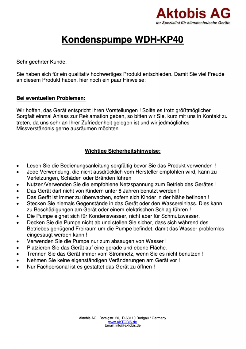 Página 1 del manual Manual de usuario Aktobis WDH-KP40