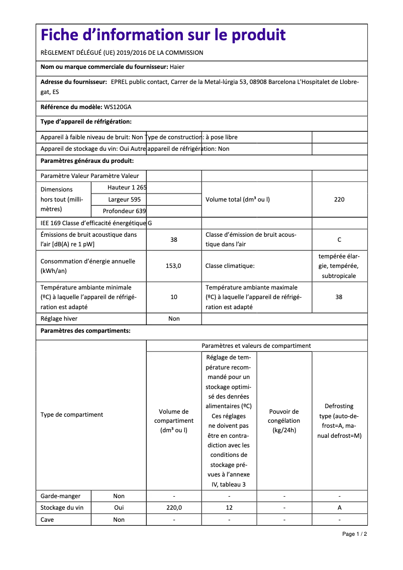 Page 1 de la notice Fiche technique Haier WS120GA