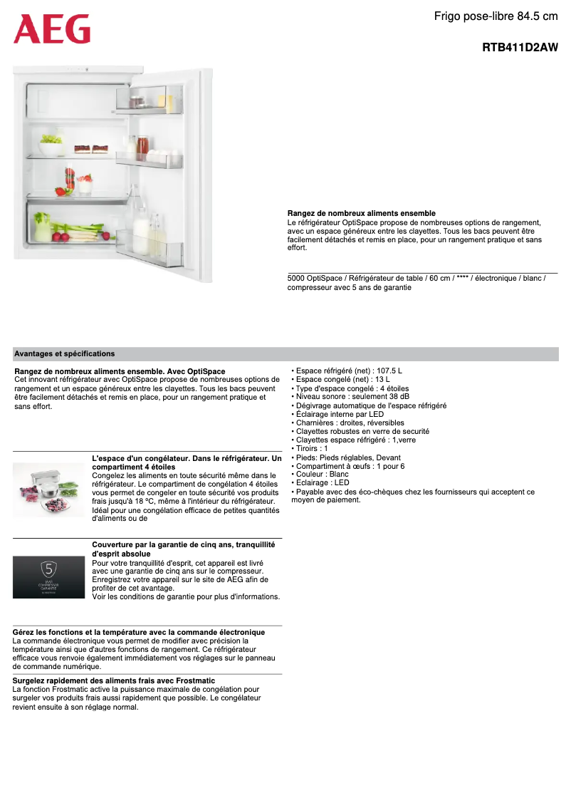 Page 1 de la notice Fiche technique AEG RTB411D2AW