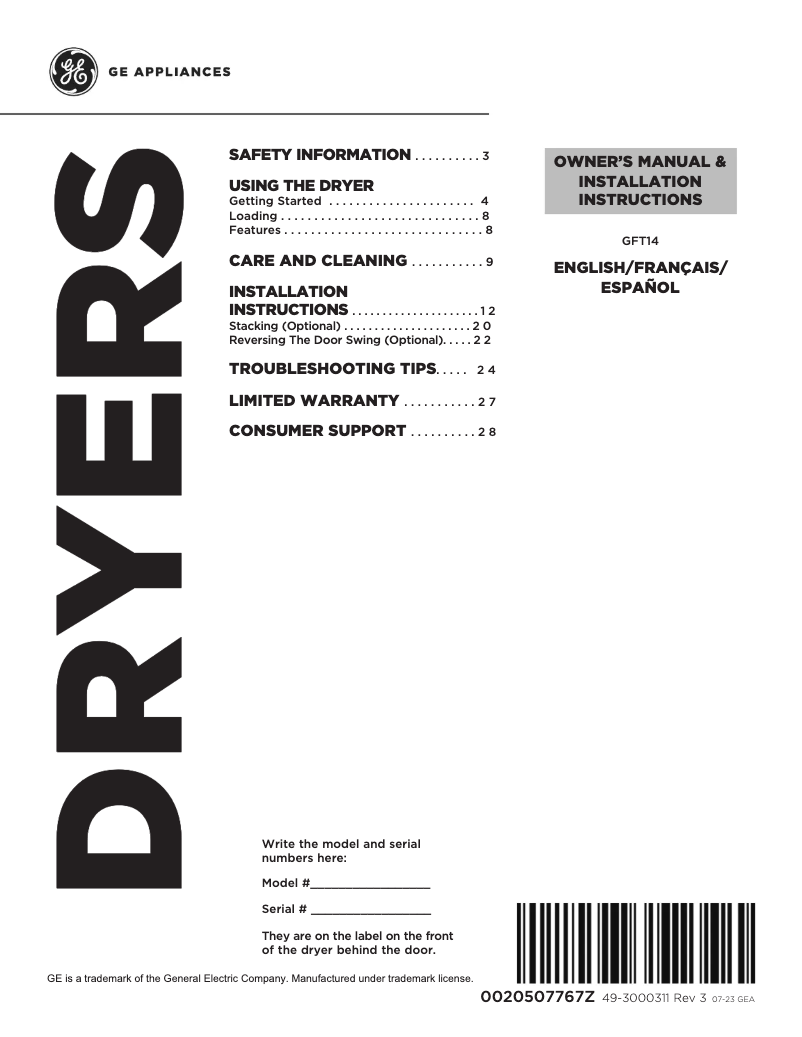 Page 1 de la notice Guide d'installation GE GFT14ESSLWW