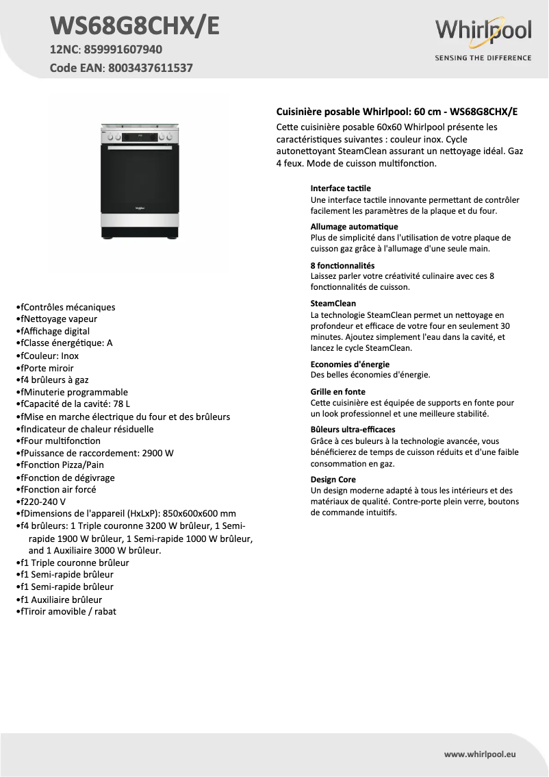 Page 1 de la notice Fiche technique Whirlpool WS68G8CHX/E