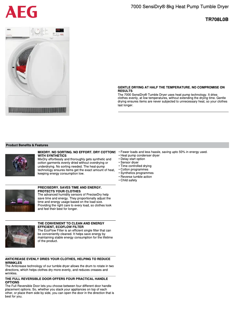 Page 1 de la notice Fiche technique AEG TR708L0B