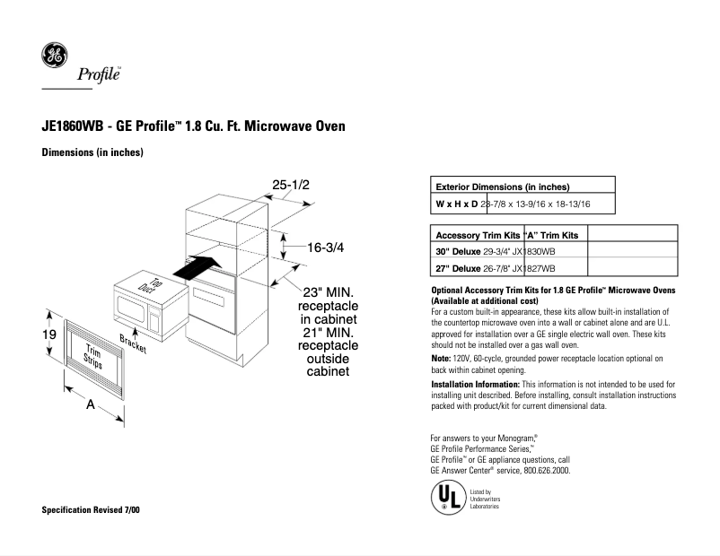 Page n°1 - Fiche technique GE Profile JE1860WB