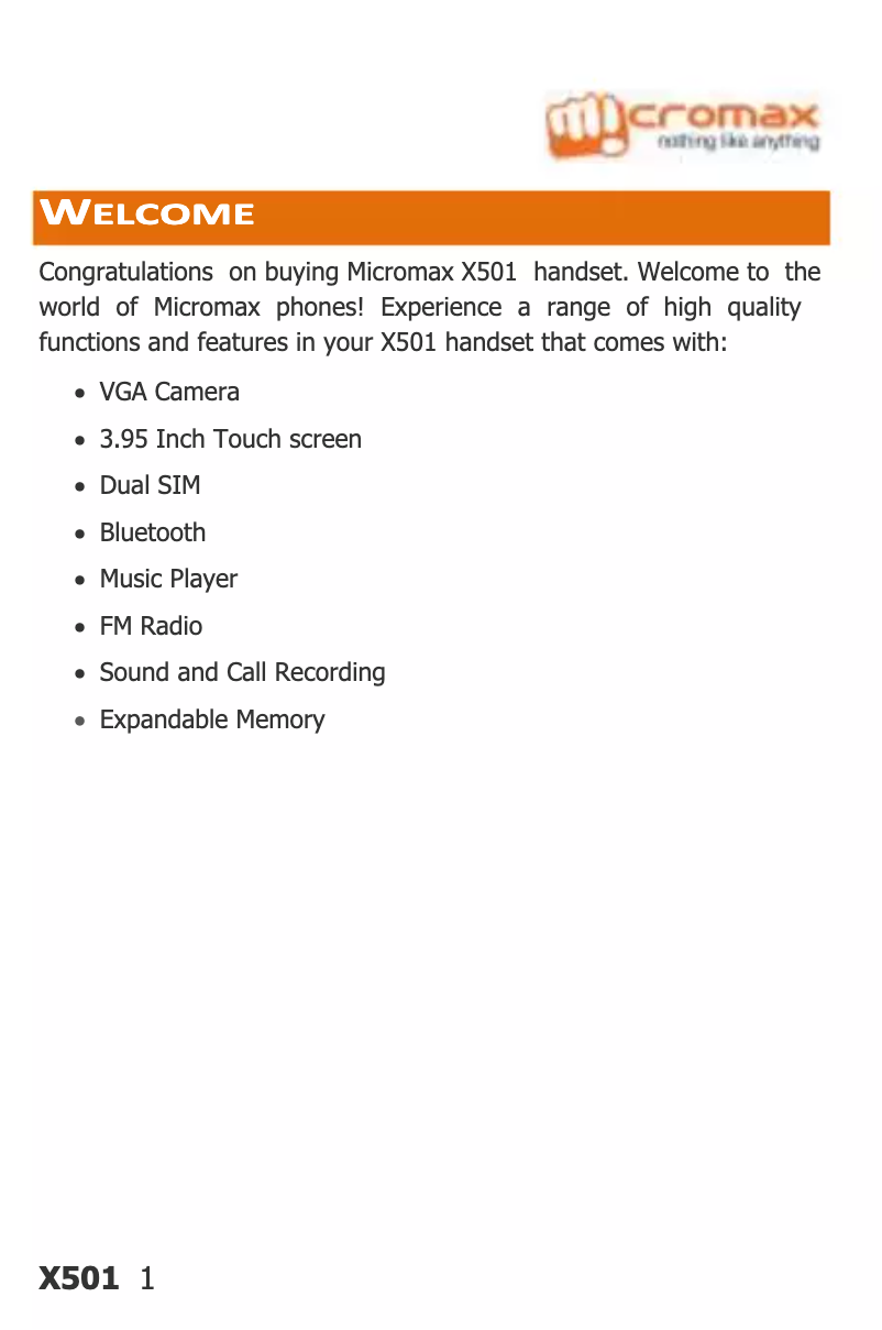 Page 1 de la notice Manuel utilisateur Micromax X501