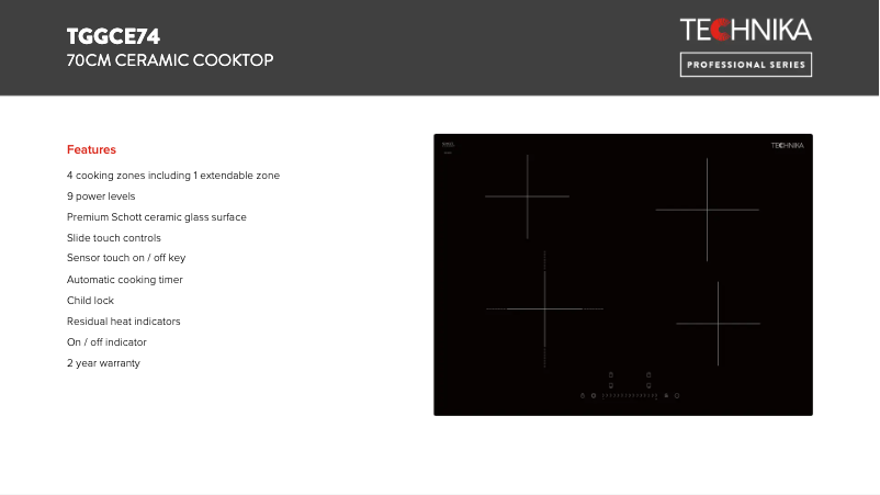 Page 1 de la notice Fiche technique Technika TGGCE74