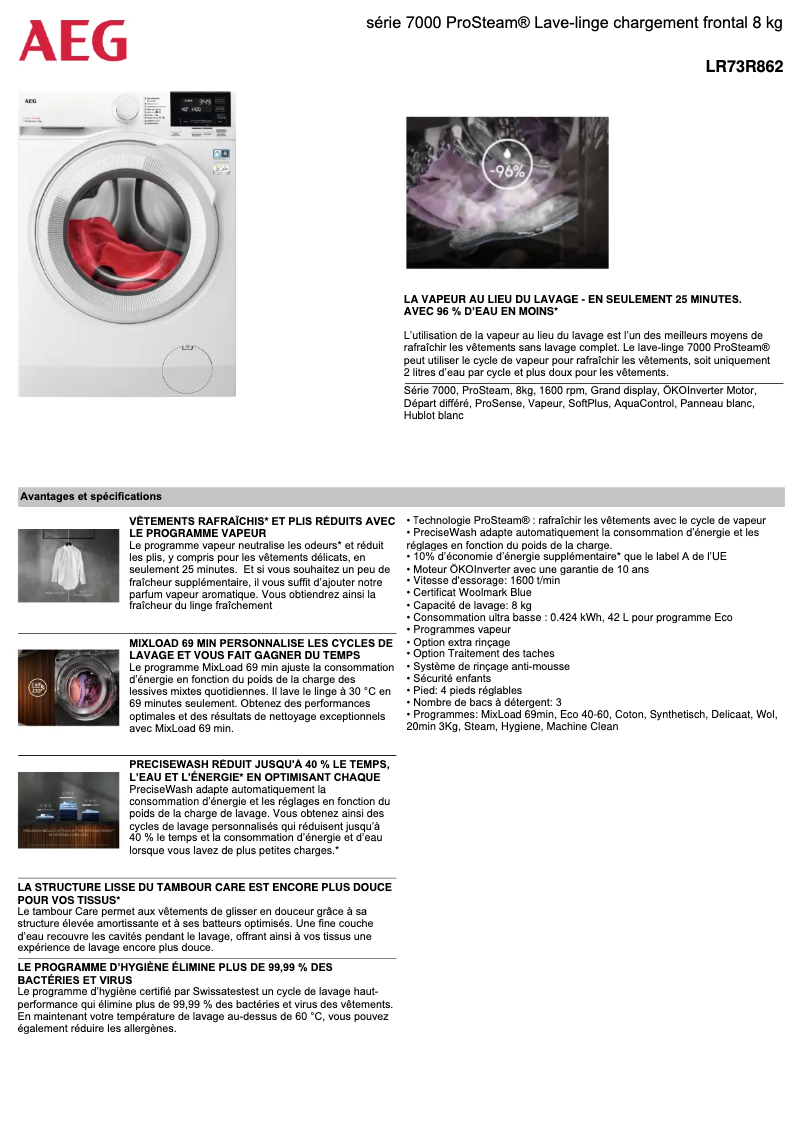 Page 1 de la notice Fiche technique AEG LR73R862