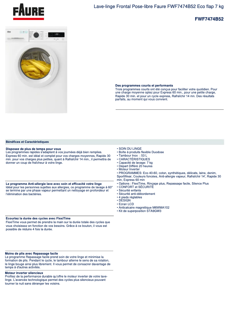 Página 1 del manual Ficha técnica Faure FWF7474B52