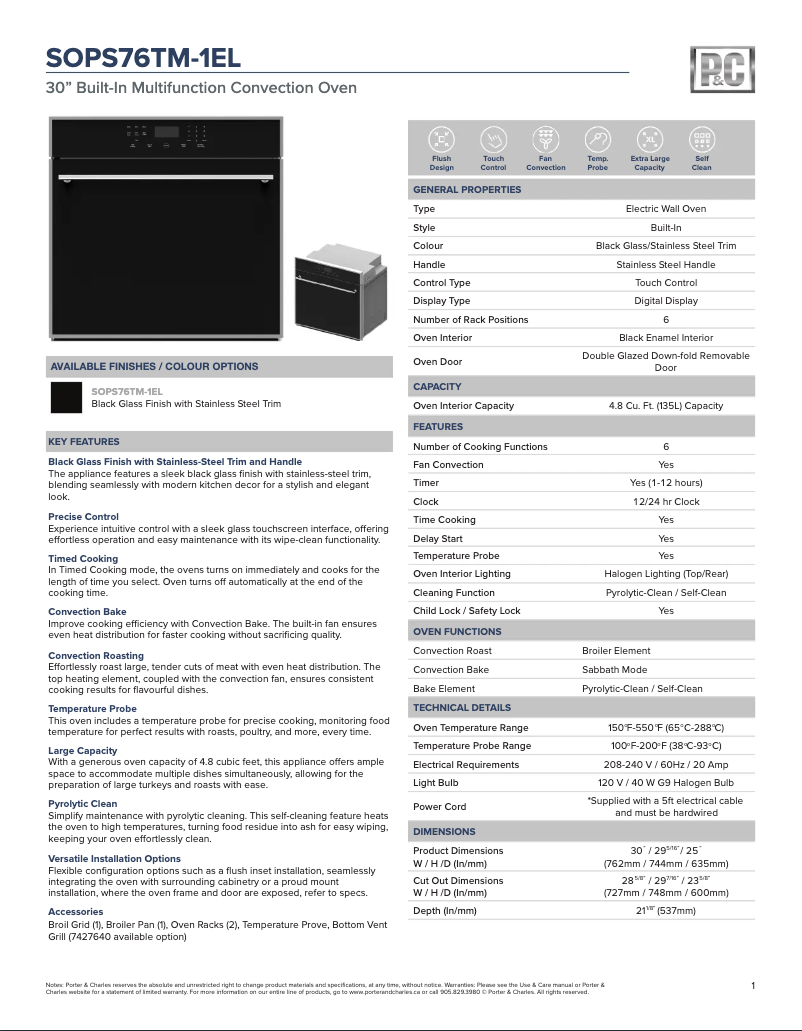 Page n°1 - Fiche technique Porter & Charles SOPS76TM-1EL