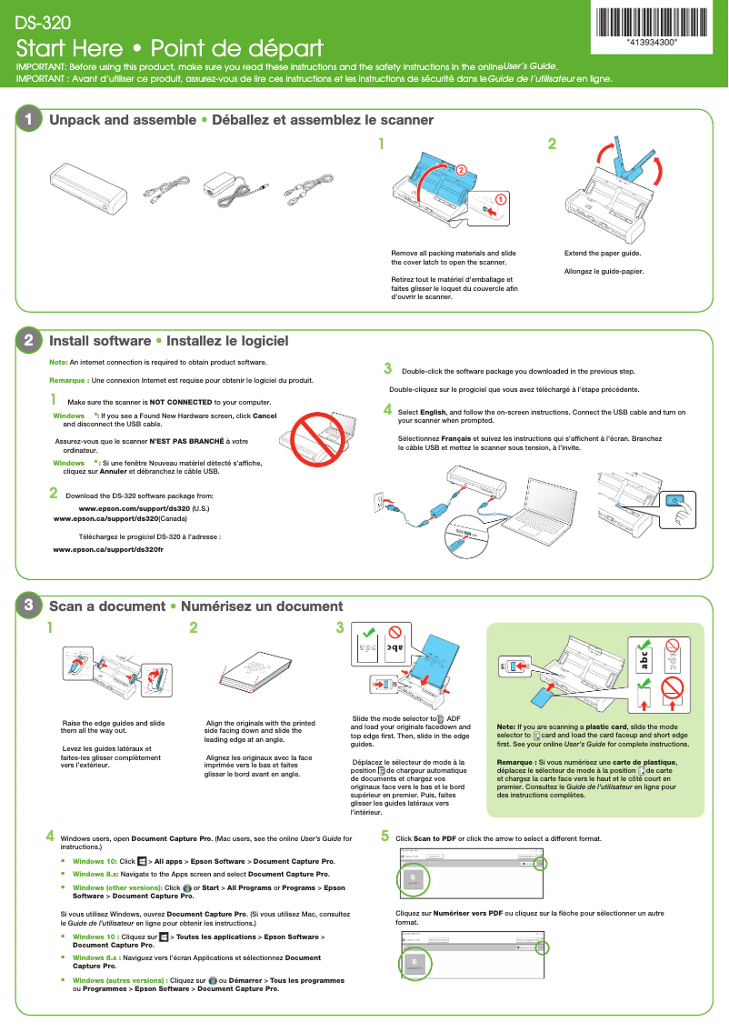 Page 1 de la notice Guide d'installation Epson WorkForce DS-320