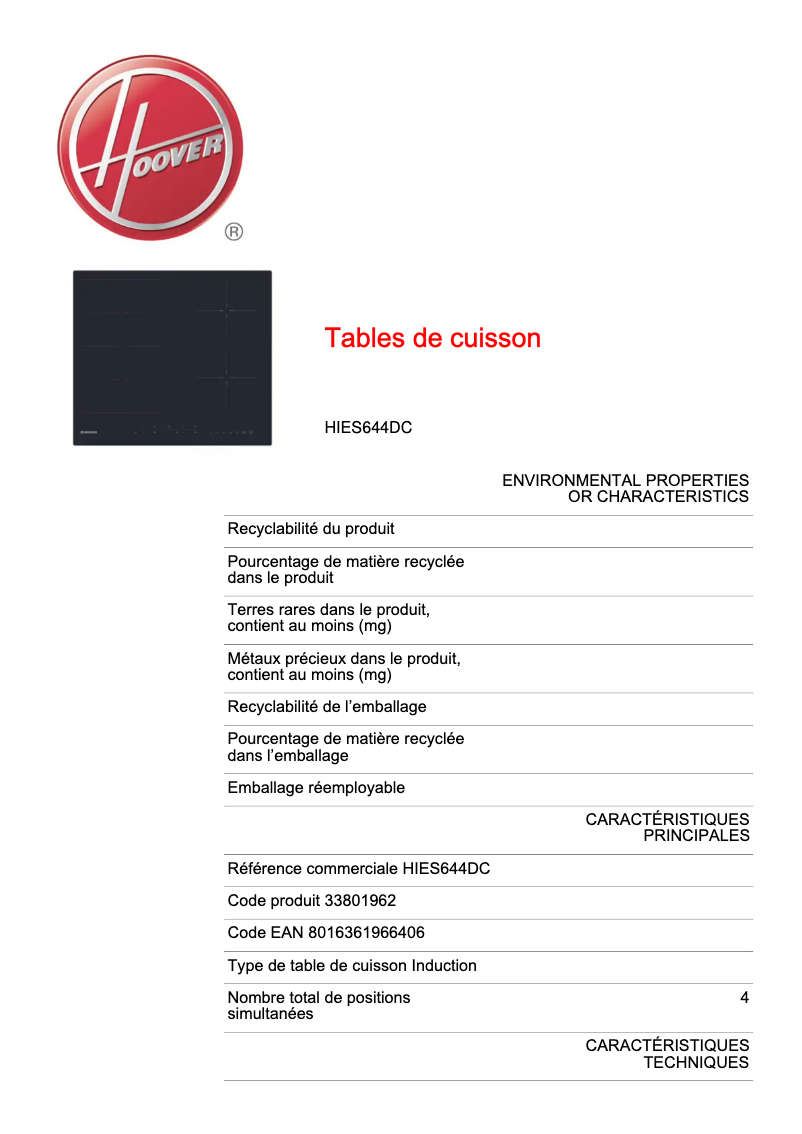 Página 1 del manual Ficha técnica Hoover HIES644DC